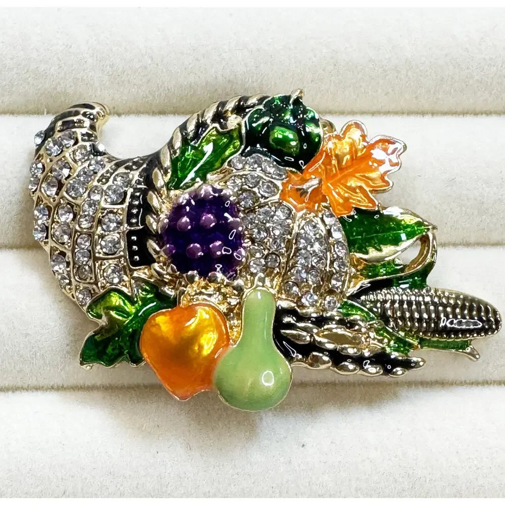 Thanksgiving Cornucopia Brooch Pin Rhinestone Harvest Fall Turkey 2
